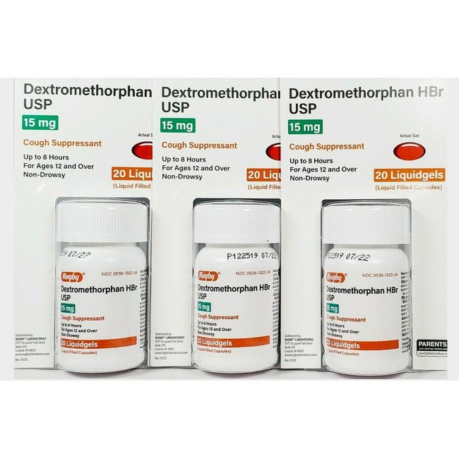 Rugby Dextromethorphan 15mg Cough Gels 8hr 20ct ( 3 pack ) NEW LOOK ARRIVING ~