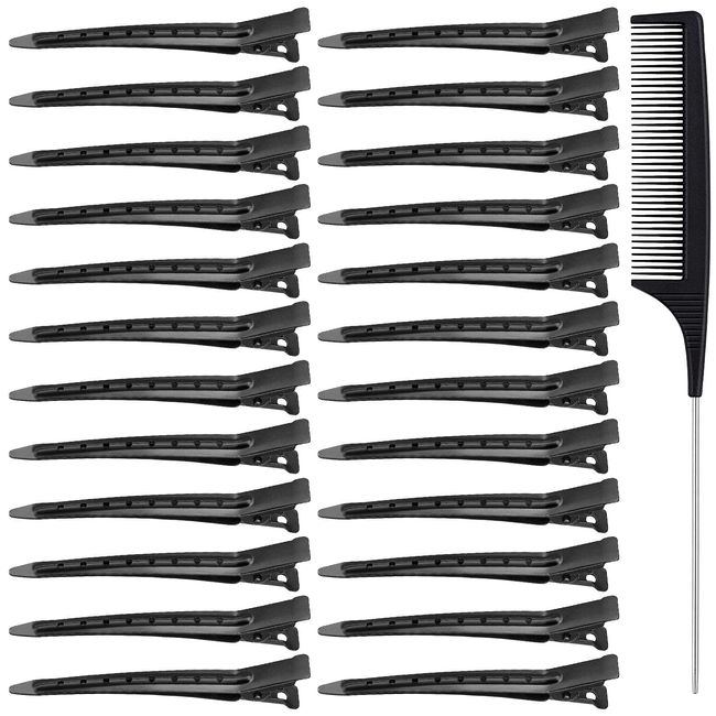 VZXQX 24 Stück Haarclips Friseur, Entebill Haarklammern Friseurbedarf Combi-Clip mit Frisierkamm, Abteilklammern Friseur Metall Haarspangen Alligator Curl Clips Schwarz