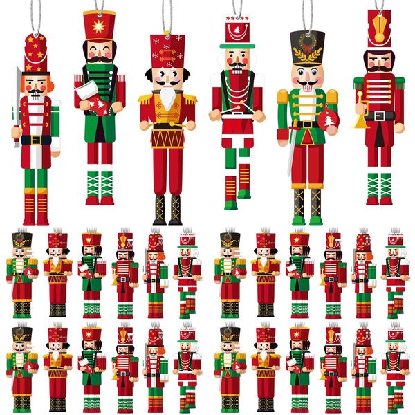 96 Pcs Christmas Nutcracker Ornament Set Small Wooden Nutcracker Soldier Hanging Decoration King Soldier Nutcracker Christmas Decor Holiday Figures Nutcracker Tree Ornament with Ropes for Xmas Party