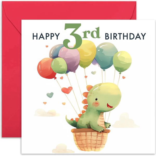 3rd Birthday Card for Boys and Girls - Cute Dinosaur Balloons - Children Kids Happy Birthday Card Age 3 Year Old Boy or Girl - Third Birthday Gifts for Him Her - Son, Daughter, Niece, Nephew