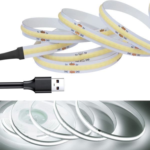 LEKE COB LED Light Strip, Flexible, High-Density, 98 LEDs/ft. (320 LEDs/m), DC 5 V, 180° Light, CRI>=90, Double-Sided Tape, Cuttable, for Home, Office, Indoors, 6000 K White Light, 6.6 ft. (2 m)