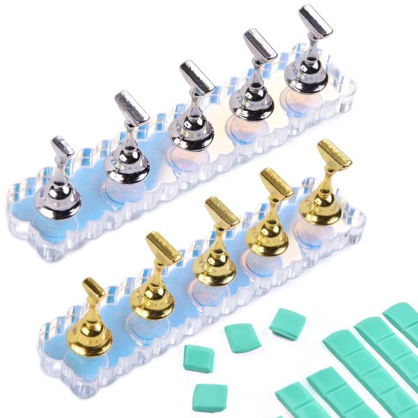 LEQ 2 Set Nail Stand for Press on, Aurora Acrylic Nail Holder for Painting Nails with 96 Pcs Reusable Adhesive Putty, Magnetic Nail Art Practice Display Stands Holders for Salon and Home DIY Manicure