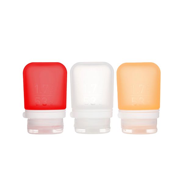 humangear GoToob+ 3-Pack (Small) | Refillable Silicone Travel Bottle | Locking Lid | Food-Safe Material, Clear/Red/Orange, Small (1.7 fl.oz; 53ml)