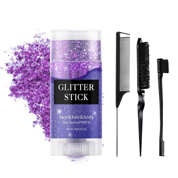 Sparkling Glitter Stick, Sweatproof Hair Glitter Gel, Instant Adhesion Purple Face Glitter Pocekt Size Body Glitter for Women Kids 0.56 Oz.(Purple)