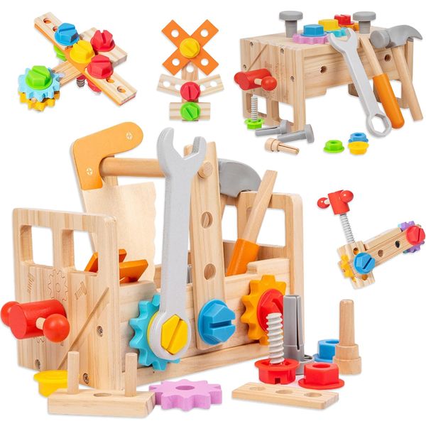 HOMEE Wooden Kids Tool Set, 25 Pcs Toddler Tool Kits, Tool Toys Box, Tool Set for Kids, Montessori STEM Educational Tools Toys, Pretend Play Construction Toys for 3 4 5 Years Kids Boys and Girls