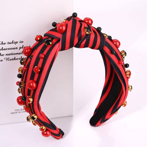 mokkia Crystal Pearl Knotted Headbands for Women, Rhinestone Jeweled Headband Sparkling Crystal Beaded Embellished Hairbands Summer Beach Fashion Hair Accessories (Red Black 1)