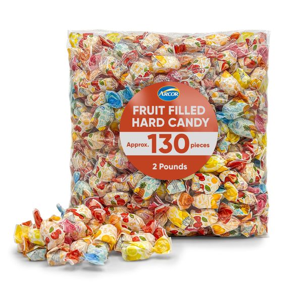 Arcor Fruit Filled Candy - Hard Bulk Candy - 2 Pounds Approx 130 - Candy Variety Pack with Fruit Filled Candy - Hard Candy Soft Center Delights - Christmas Candy Individually Wrapped For Holiday Gifting and Festive Treats