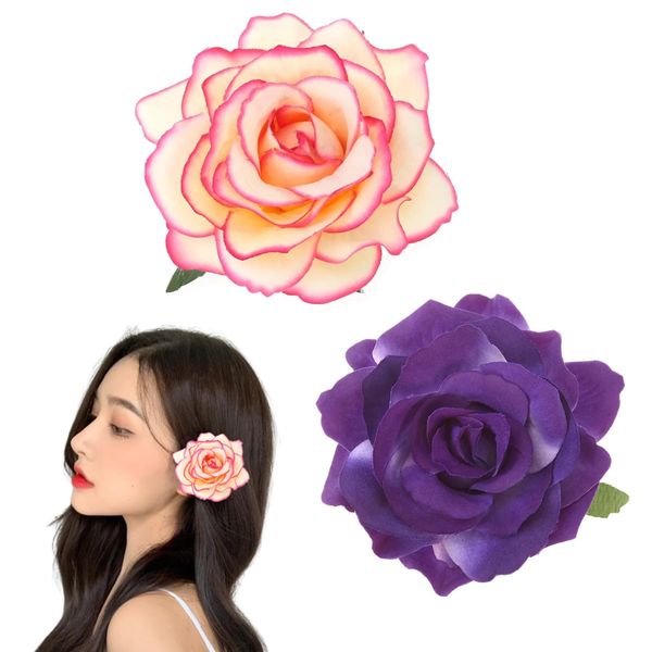 Getrays 2pcs Rose Flower Hair Clips,Women Big Flower Brooch Bridal Headpiece,Flamenco Dancer Hairpin Bohemia Style Headdress Hair Accessories Wedding Beach Girls Hair Clips (A)