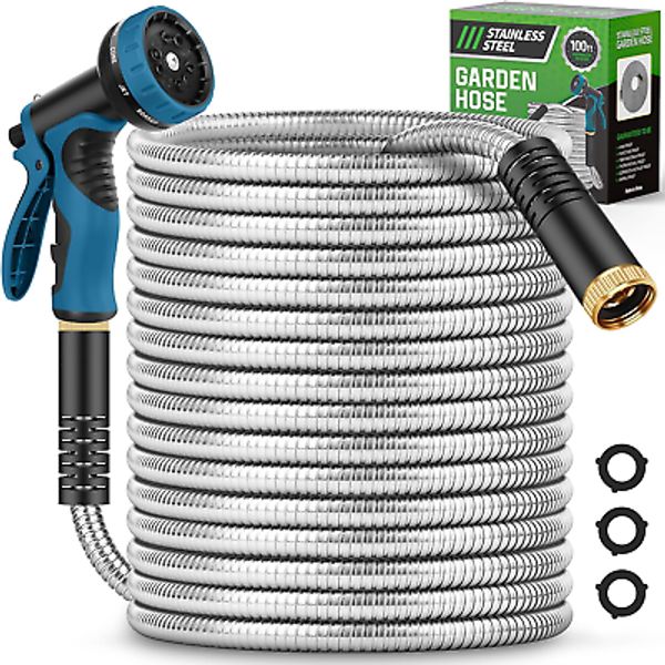 Garden Hose 100FT, Water Hose with 10 Function Nozzle, Garden Hose Metal with Le