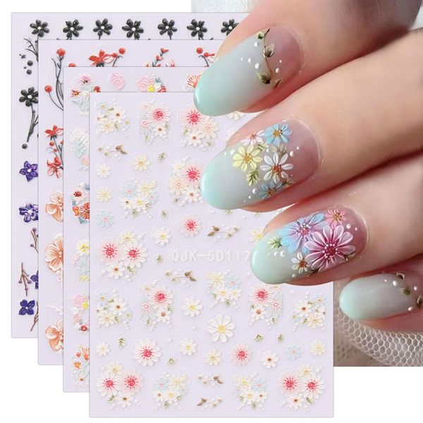 JMEOWIO 3D Fiore Adesivi Unghie Nail Art, Stickers Unghie Autoadesivi 5D Decorazioni Unghie Nail Art Disegni 4 Fogli