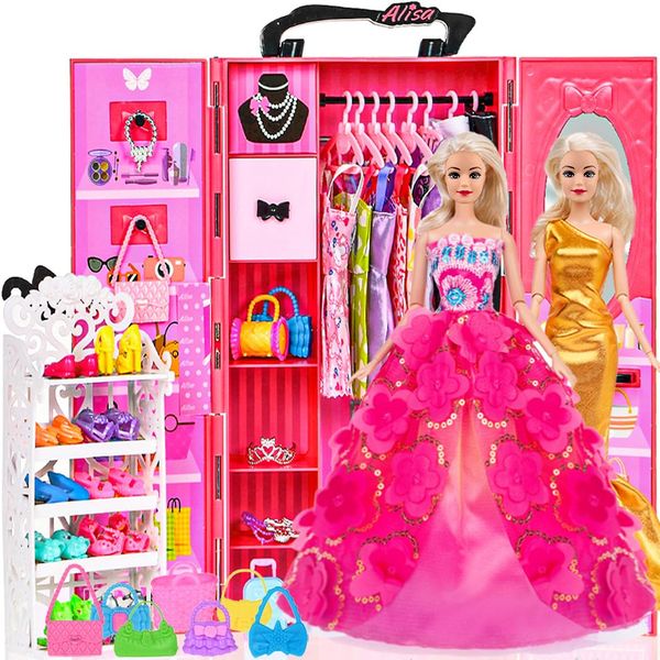 ebuddy 105 Pcs Doll Closet Wardrobe Set Closet Playest Toys Doll Clothes and Accessories for 11.5 Inch Girl Doll Including Wardrobe,Shoes Rack,Dress,Shoes Hangers,Necklace (No Doll)