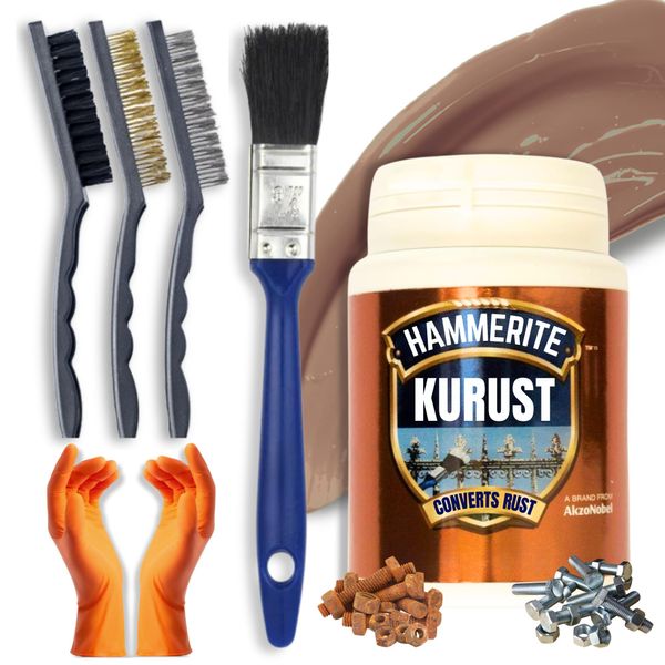 Rust Treatment Bundle with 90ml Hammerite Kurust Rust Converter, Wire Brush Stain Remover (Nylon, Steel, Brass) Decex Paintbrush & Gloves - Easy to Use & Fast Acting Solution as Rust Remover for Metal