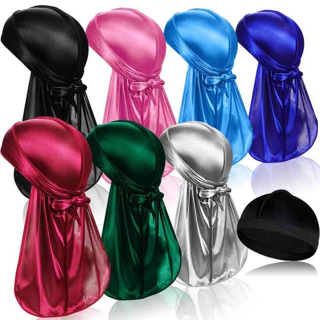 7 Pieces Silky Durags with Long Tail and 1 Piece Satin Wave Cap, Pack Do Rags for Men 360 Waves Multicolour