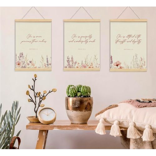 UYIKG Christian Wall Decor, Wildflower Christian Nursery Wall Art Poster Hanger Frame, Pink Floral Bible Verse Scripture Canvas Prints Framed Wall Decor for Girls Room Nursery, 12x16 Inch Set of 3