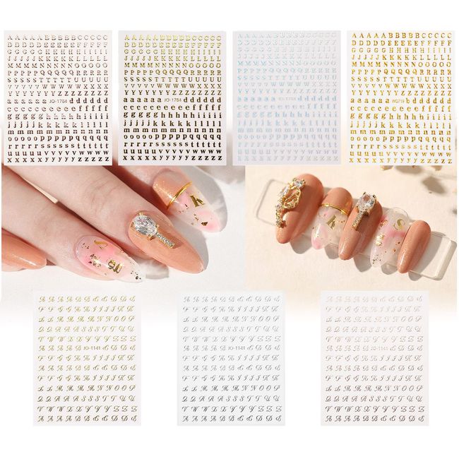 Chisafly Alphabet Small Gold Block Cursive Nail Stickers, Set of 7, Script, Silver, Glitter