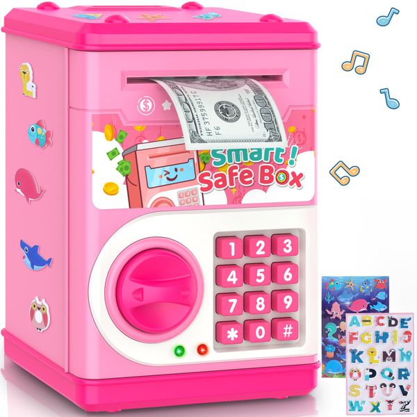 Pink Piggy Bank for Kids with Password Code Lock and Auto Grab Bill Slot, PhilaeEC Real Money Cash Coin Can Saving Box Electronic Money Safe Bank, Hot Gift for 4 7 8 9 10 11 Year Old Boys Girls