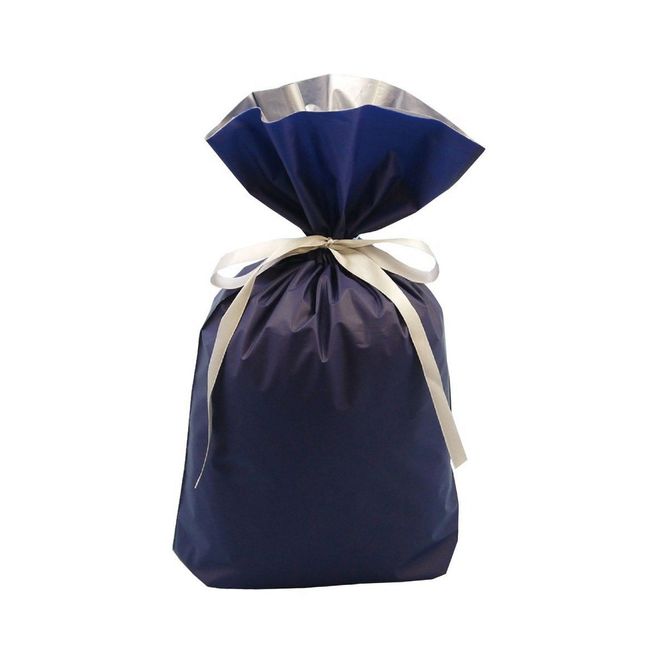 Rectangular Satin Drawstring Bag with a Gusseted Bottom - With Ribbon - 20 - Pack, nvy