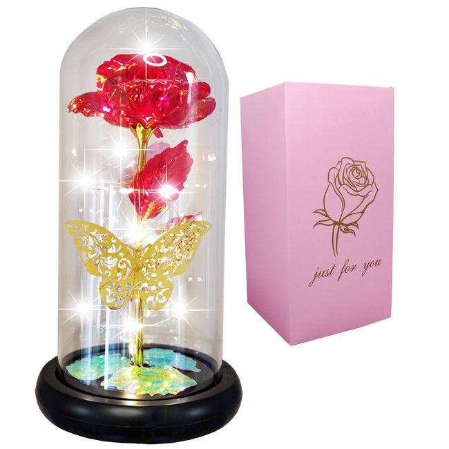 Valentine's Day Gifts for Her, Mom Women Gifts for Valentines Decorations Gold Butterfly Decor Beauty and The Beast Rose Flowers, Artificial Flower Rose Gift Romantic Galaxy Red Rose in Glass Dome