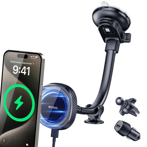 OQTIQ for MagSafe Car Charger, Magnetic Wireless Car Charger Compatible with iPhone 16 15 14 13 12 Series, 15W Fast Charging Car Phone Mount for Windshield Dashboard Air Vent [with QC 3.0 Adaptor]