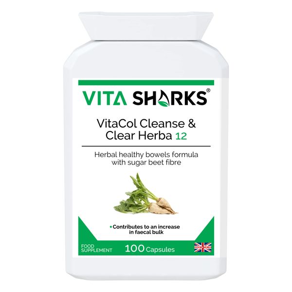 VitaCol Cleanse & Clear Herba 12 - Fibre Enriched Vegetarian Herbal Colon Cleansing Formula. Increase Faecal Bulk with 12+ Kosher Herbal Ingredients