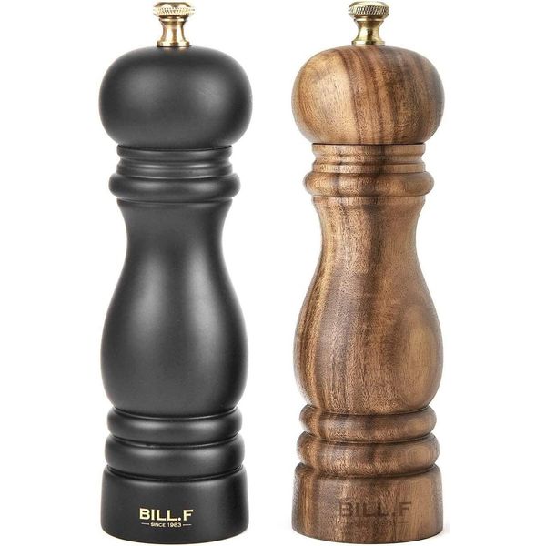 BILL.F Pepper Mill, Salt Mill, Natural Oak Mill, Pepper Mill, Wood, Ceramic Core, Pepper Grinder, Manual, Spice, Grind, Solid Wood, Salt Rock, Black, Pepper & Black Pepper, Coarseness, Condiment