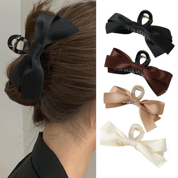 Big Bow Hair Claw Clips, Bow Hair Barrette Nonslip Claw Clip, Bow Hair Dress Up Accessories for Women Girls, 4pcs, Black, Brown, Khaki, White