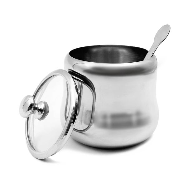 XHKDSYMC 300ml Stainless Steel Sugar Bowl with Lid and Spoon 10 OZ Coffee Seasoning Jar Condiment Pot Spice Container Canister Cruet with Lid and Spoon (Style B)