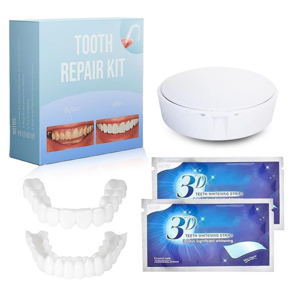 Guegine False Teeth Veneers 1 Pairs, Clip in Veneers Teeth Clip on Veneers Top and Bottom Comes with 2 Dental Strips + Tweezers + Instructions Suitable for Men and Women with Bad Teeth