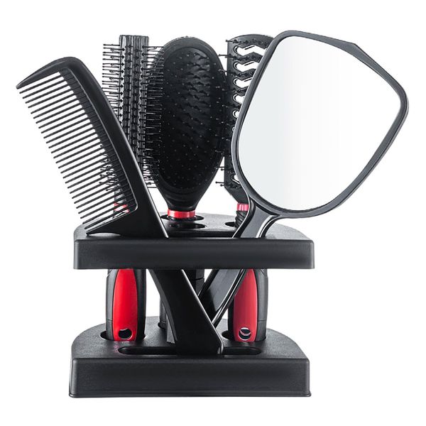 5Pcs Hair Comb Brush Set with Mirror Hairbrush Holder, Professional Massage Combs Cosmetics Hair Styling Tools Sets for Women Ladies Adults Kids(Red)