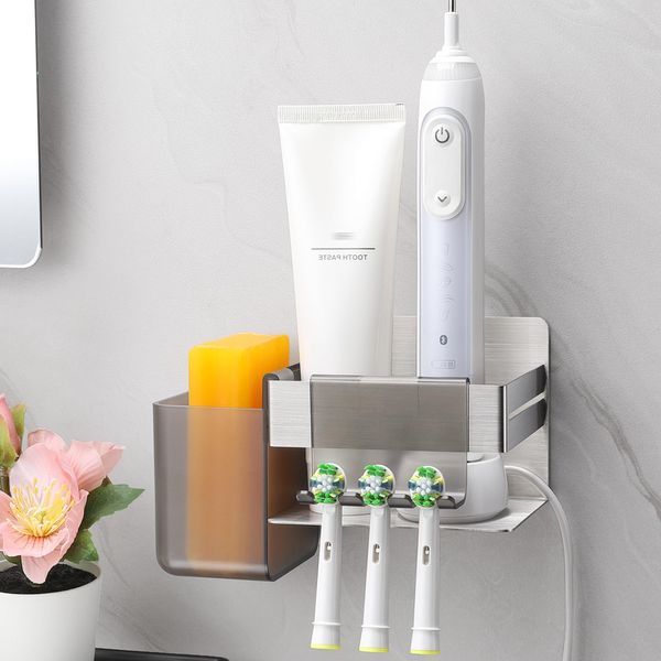 ALOCEO Toothbrush Holder Electric Toothbrush with 2 Hooks, Stainless Steel Bathroom Electric Toothbrush Holder Wall, Silver