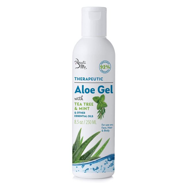 Beauti Me Organic Aloe Vera Gel for Face, Skin, Hair, Sunburn Relief, Infused with Therapeutic Tea Tree and Mint - 8.5 oz