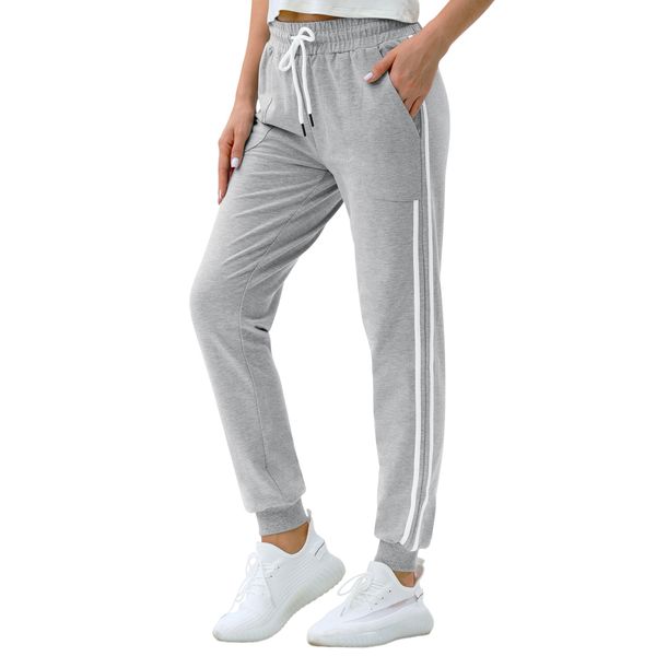 PULI Women's Sports Sweatpants Gym Running Workout Leggings Jogger Training Casual with Pockets Light Grey M