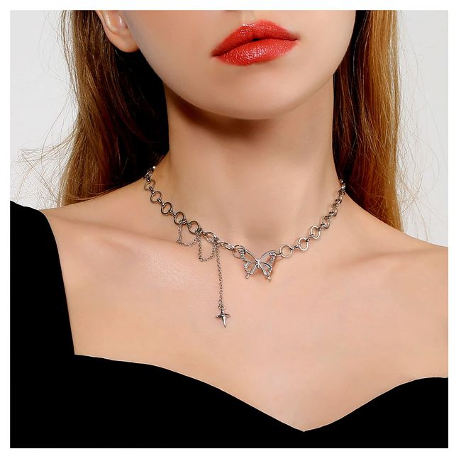 Schmetterlings-Herz-Halsband-Halskette Punk-Lariat-Kreis-Halsketten-Ketten-Höhlen-Stern-Liebes-Herz-Kragen-Schmucksachen für Frauen-Mädchen (Silber B)