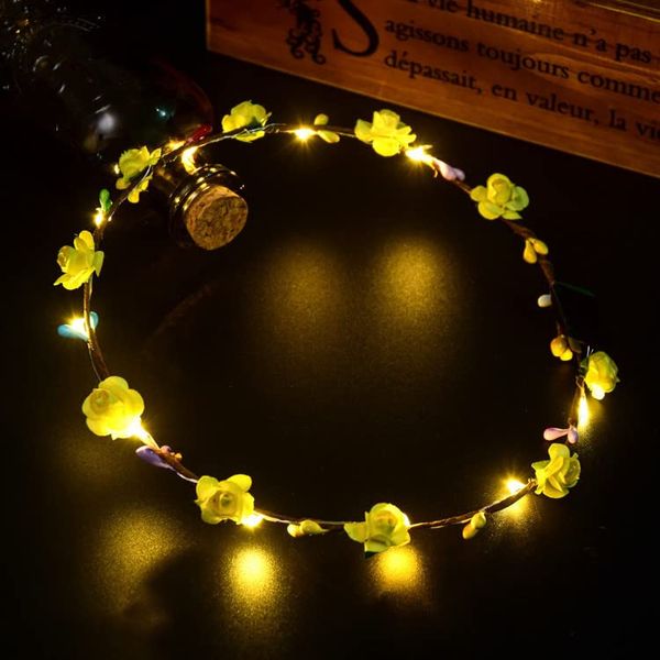 YADIRF Led Light Women Flower Girl Headband Glow Blinking Crown Hair Wreath For Halloween Cosplay Holiday Wedding Party (Yellow)