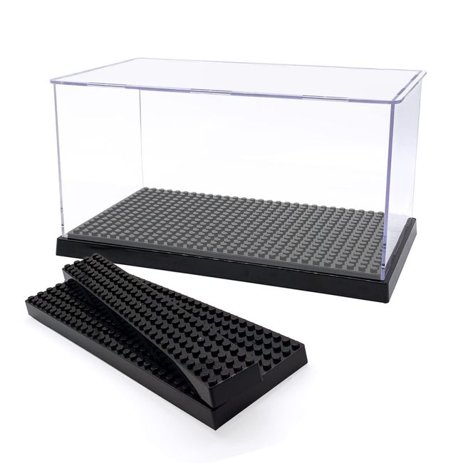 Acrylic Display Case for Figures Dustproof, Clear Display Box with Building Base, Collection Bricks Storage Blocks Aciton Figure Showcase(Black)