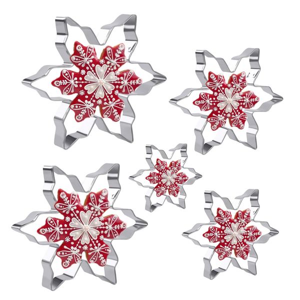 Keepaty 5 Pieces Snowflake Cookie Cutters Set Stainless Steel Different Sizes Christmas Cookie Cutters for Baking