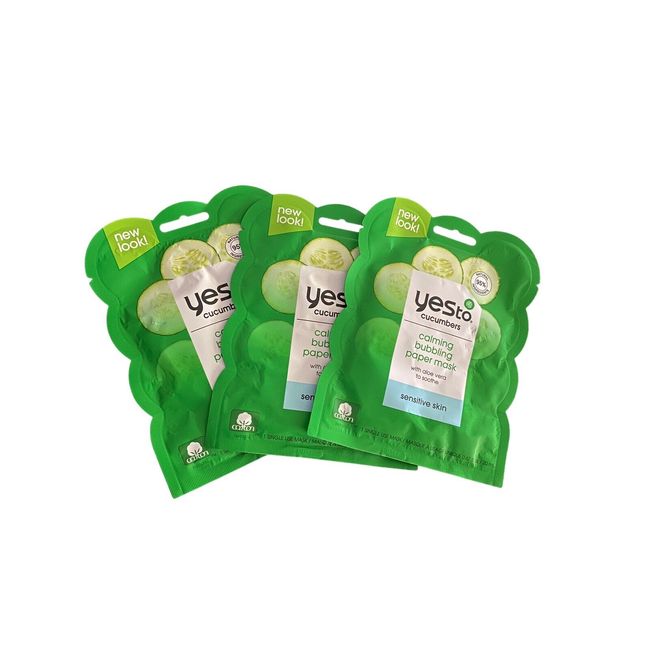 Lot of 3 Yes To Cucumbers Calming Bubbling Paper Single Use Face Mask