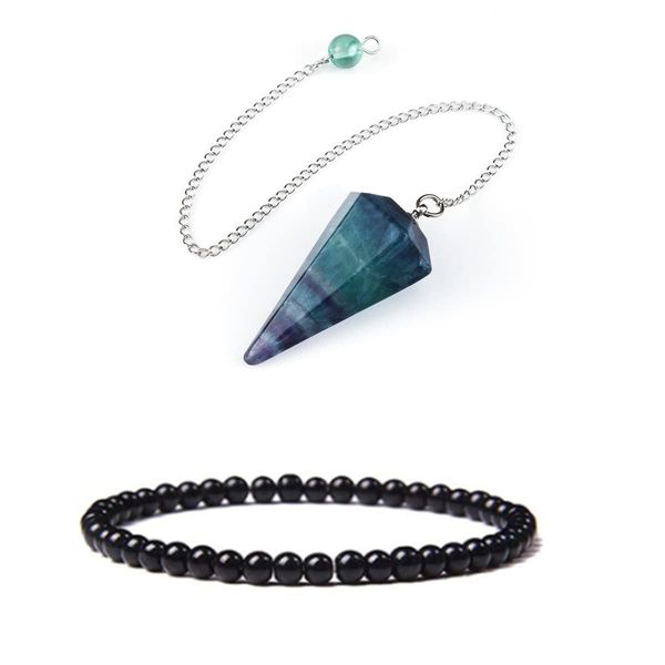 Soulnioi Black Agate Gemstone Beaded Bracelet Energy Bracelet for Yoga Meditation and Fluorite Hexagonal Cone Pendulum Pointed Reiki Chakra Pendant Pendulum