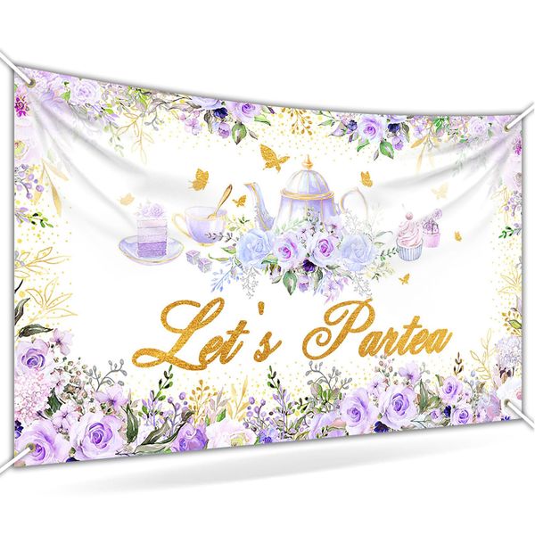 Avezano Tea Party Backdrop Floral Butterfly Glitter Let's Partea Banner Afternoon Tea Baby Shower Birthday Party Decorations 70.8 x 43.3 Inch (Purple)