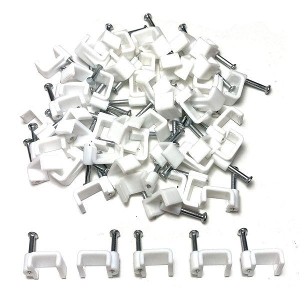 White Plastic Flat Electrical Wire Cable Clips TV Phone Internet Lead Fixings 14mm- 50 Pieces