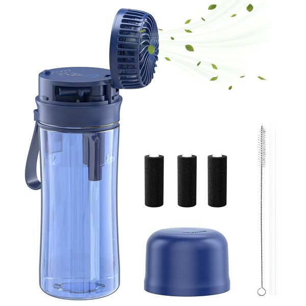 HandFan Bottle 20oz Sports Water Bottle with Straw 600ml, Washable,BPA Free, Portable Mini Hand Held Fan Rechargeable, 2600mAh,waterproof Fan For Running, Gym, Yoga, Outdoors and Camping(Blue)