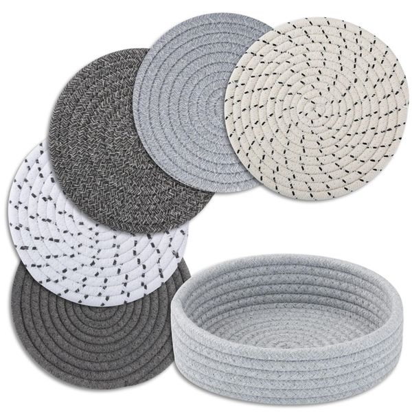 Trivets for Hot Dishes, Trivets for Hot Pots and Pans, Hot Pads for Countertops, Coasters 5 Pcs and Storage Basket 1 Pack, Pot Holders for Kitchen, Cotton Hot Mats Cooking Pad Protect Table (Mix G)