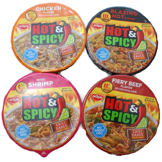Variety Pack - Nissin Ramen Noodle Soup Bowl Hot & Spicy (3.28 oz) - Blazing Hot, Fiery Beef, Shrimp, Chicken