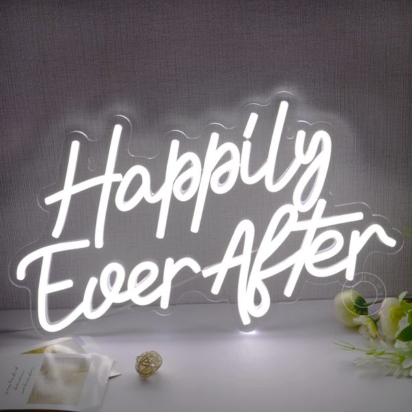 SYLHOME Happily Ever After LED Neon Light Sign Wedding Party Birthday Neon Art Wall Sign Decor USB Bedroom Home Bar Pub Decor Christmas Gifts Night Light 5V Cold White 15.8"X9.2"