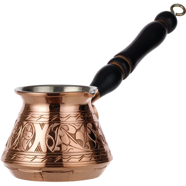 DEMMEX Thickest Copper Turkish Greek Arabic Coffee Pot Engraved Stovetop Coffee Maker Cezve Ibrik Briki with Wooden Handle & Wooden Spoon, for 3 People (Copper)