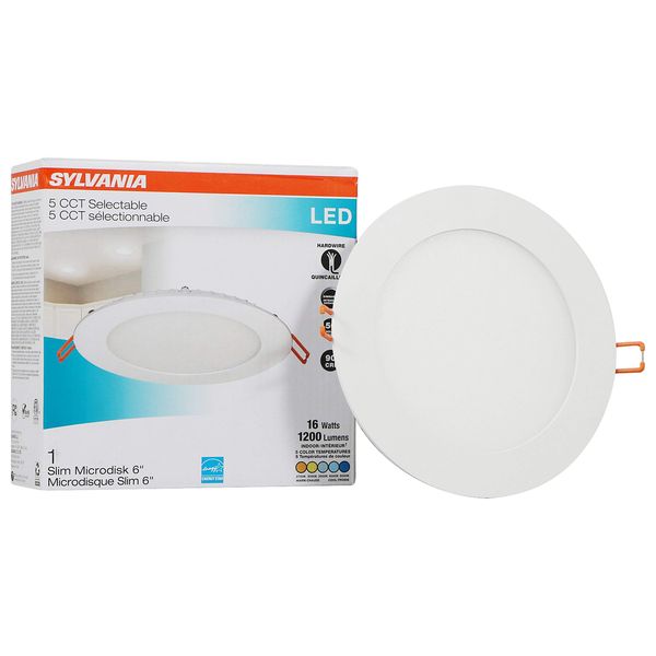 SYLVANIA LED 6" Slim Microdisk Recessed Downlight, Junction Box, 16W, 5 CCT Color Select (2700K / 3000K / 3500K / 4000K / 5000K), Dimmable, 1200 Lumens - 1 Pack (61405)