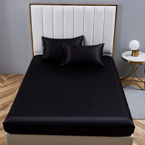 Boqingzhu Satin Spannbettlaken 140x200cm Schwarz Uni Seide Spannbetttuch Microfaser Bettlaken für bis 25cm Matraze