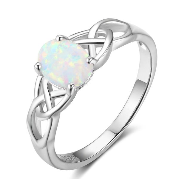 Acefeel Oval Lab Created White Opal Celtic Knot 925 Sterling Silver Band Ring
