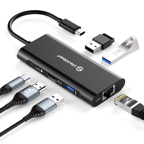 UtechSmart USB C Hub, Ethernet Multiport Adapter 6 in 1 USB C to HDMI Dock Compatible for MacBook Pro/Air, Chromebook, Dell XPS, HP and Type C Devices (Gigabit Ethernet 100W PD 4K HDMI USB 3.0) Black