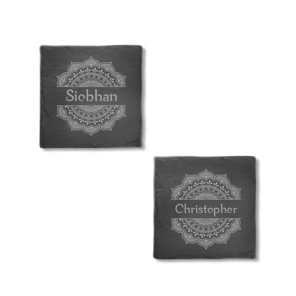 Personalised Square Slate Coasters with Mandala design -Engraved with your custom text
